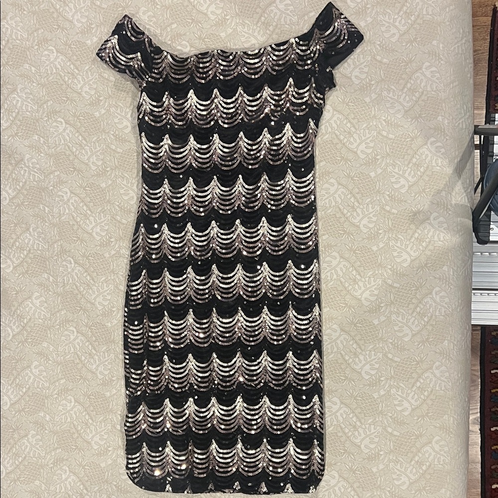 Bisou Bisou Black and Gold Sequin Off the Shoulder Cocktail Dress